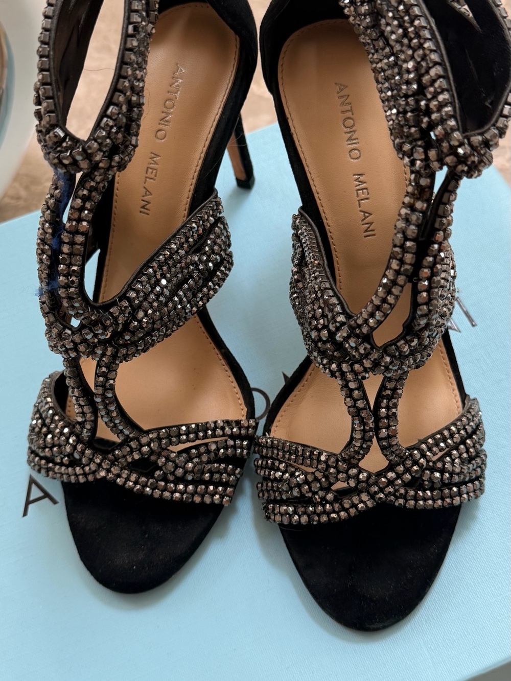 Antonio Melani Black Rhinestone Strappy Heels Size 7.5M